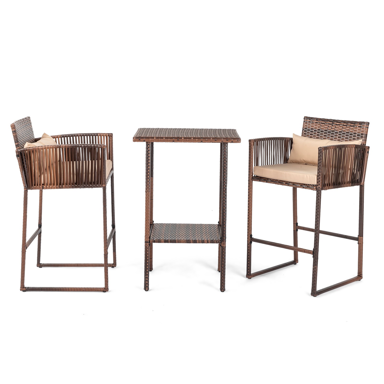 3-Piece Patio Bar Set w/ Cushions, 2 Bar Stools & Table, Brown Rattan