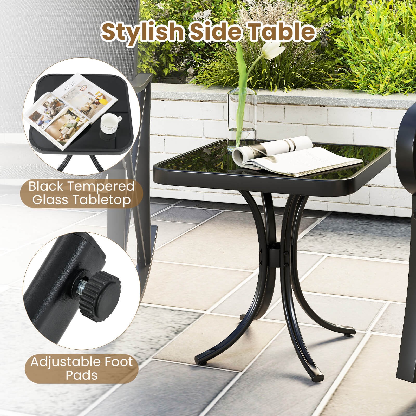 3 Piece Patio Rocking Set 2 Rocking Chairs w/ Tempered Glass Side Table Black