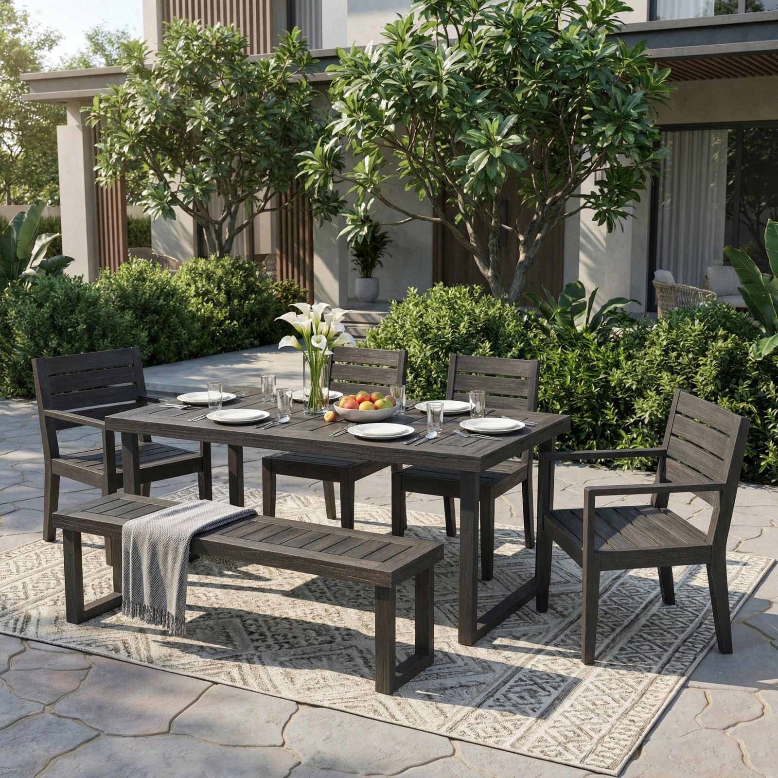 6-Person Acacia Outdoor Dining Set w/Bench & Cushions, Dark Grey
