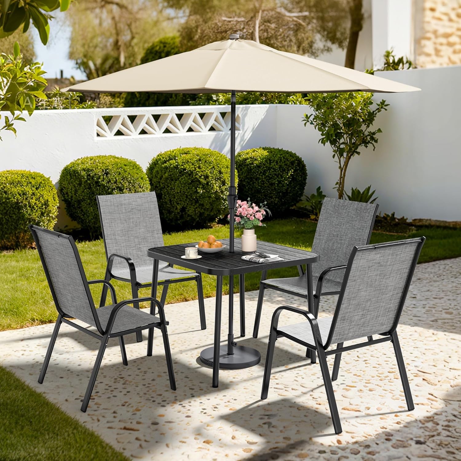 Outdoor Dining Sets for 4, Square Steel Slat Table with 4 Textilene Chairs, 5