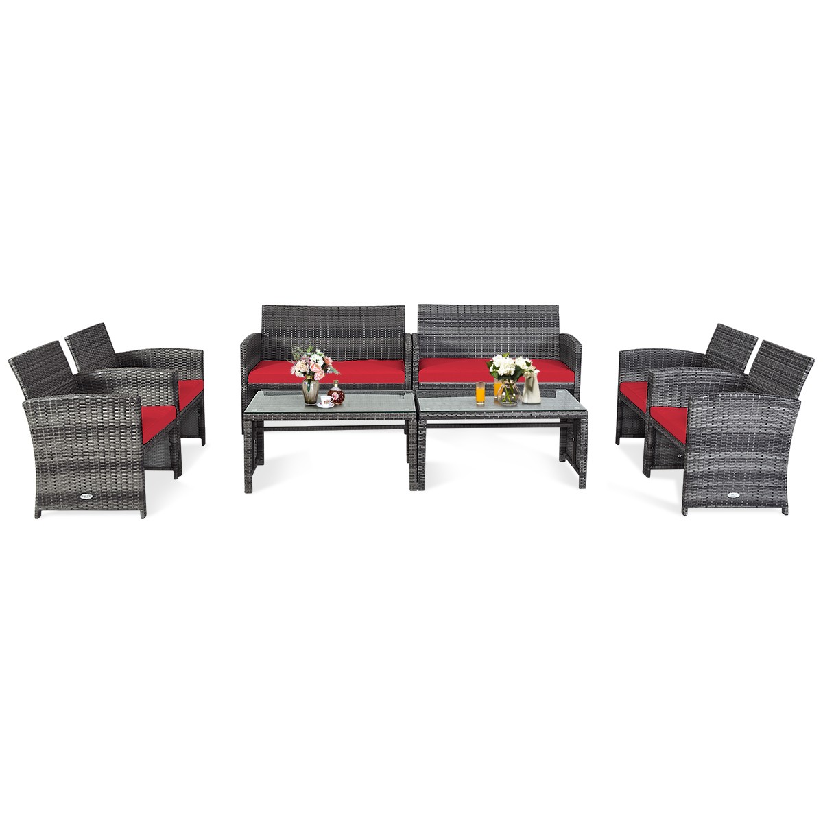 Patiojoy 8PCS Patio Rattan Furniture Set Cushioned Sofa Red Glass Table Top