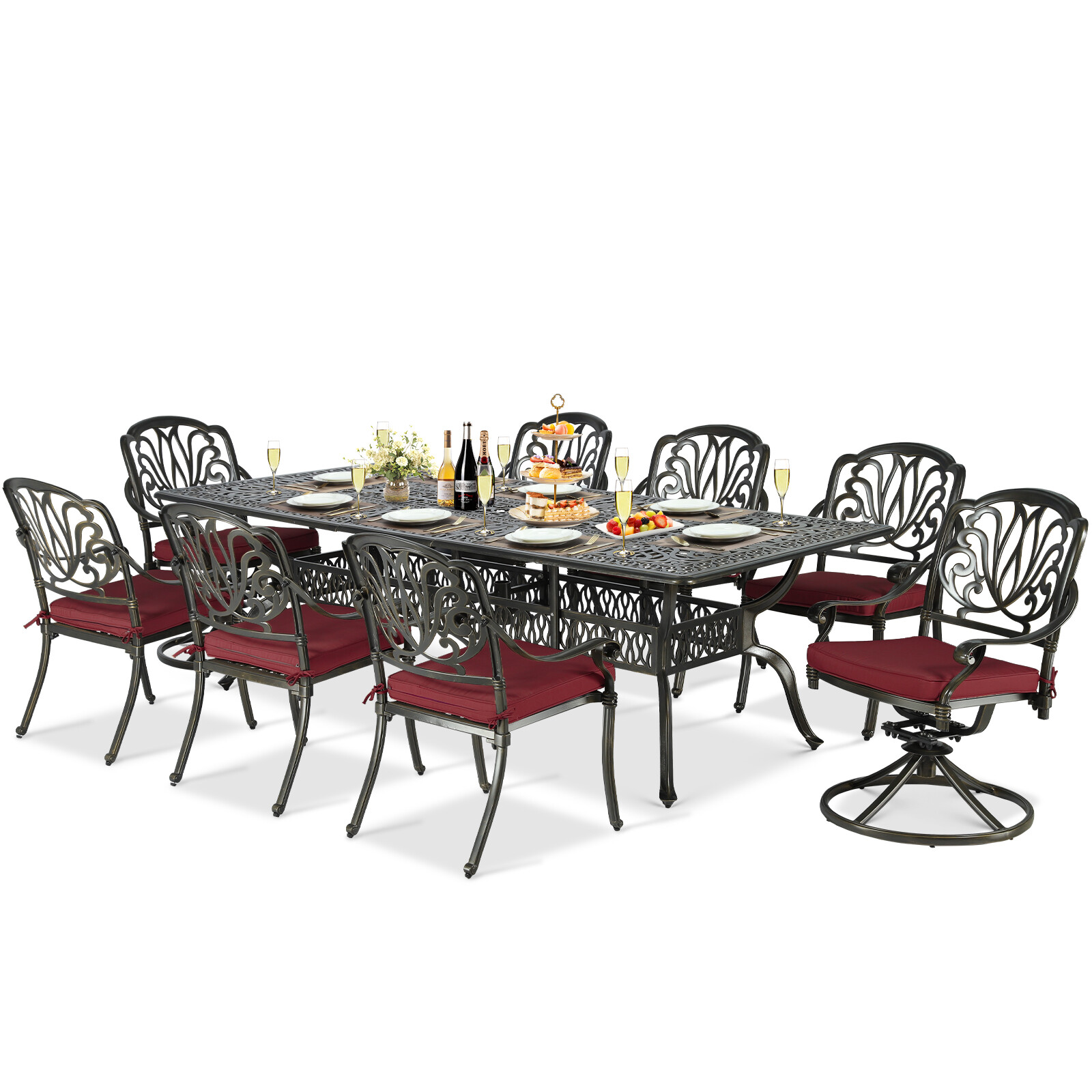 9 PCS Cast Aluminum Outdoor Patio Furniture Rectangle Table & Chairs Set for 8