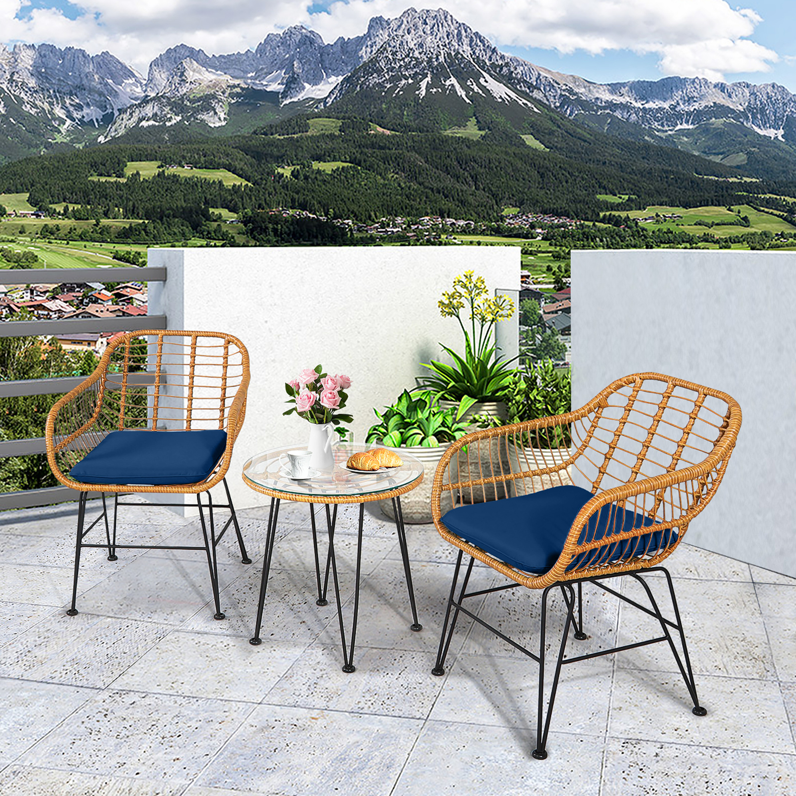3PCS Rattan Patio Bistro Set Conversation Furniture Set w/ Navy Cushions