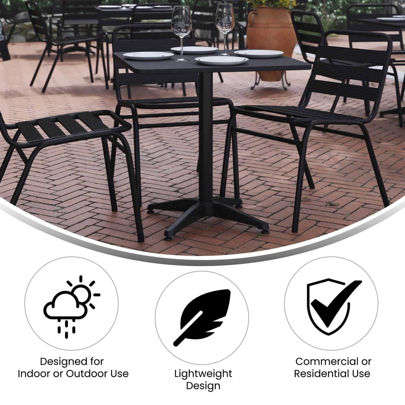 27.5″ Square Metal Smooth Top Indoor-Outdoor Table with Base – Black