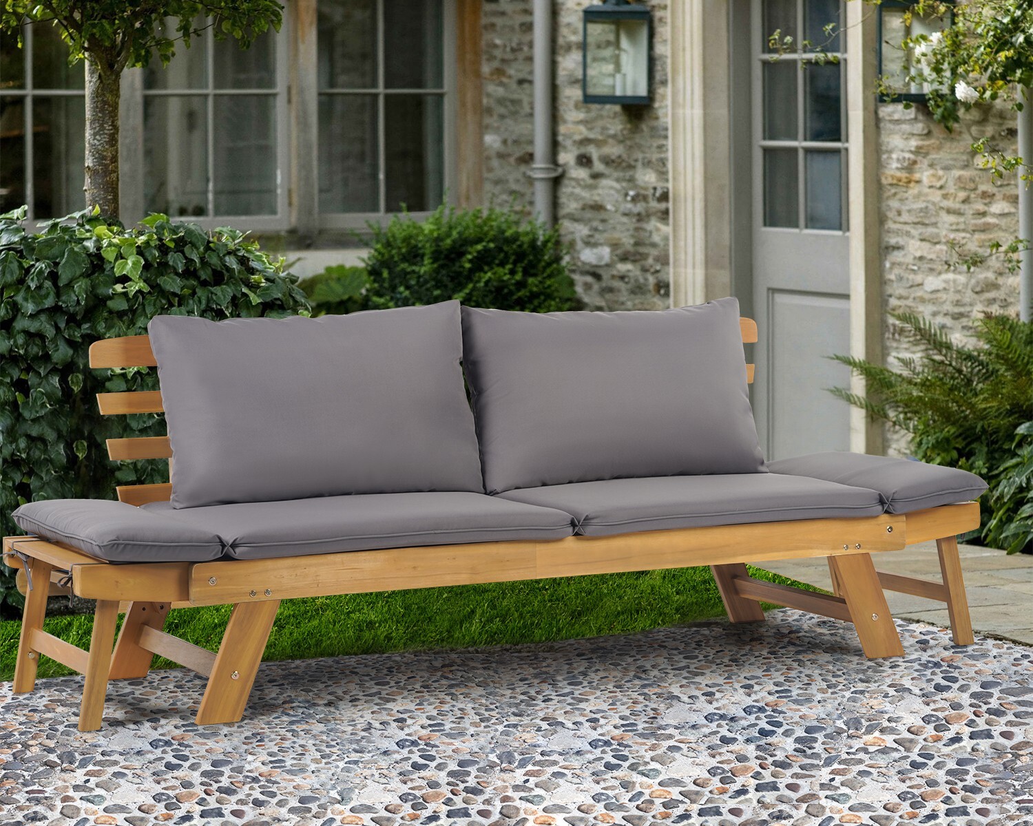 Patio Couch Daybed with Adjustable Armrest, Wooden Loveseat and Expandable Plate