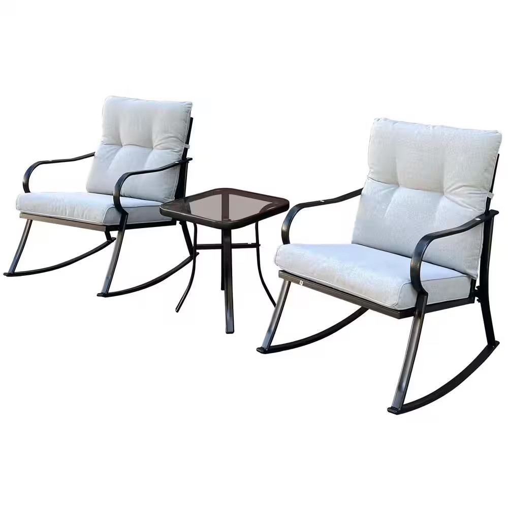 3-Piece White Metal Outdoor Bistro Set with off White Cushion for Patio, Deck, B