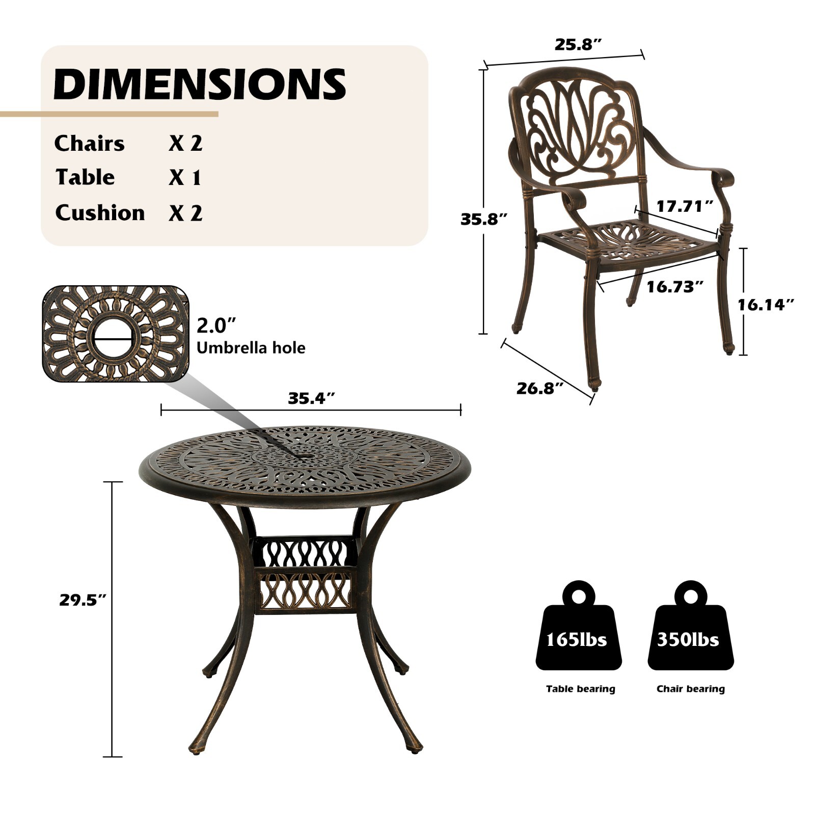 Outdoor 35.4″ Round Table with Umbrella Hole and 2 Chairs Furniture Set