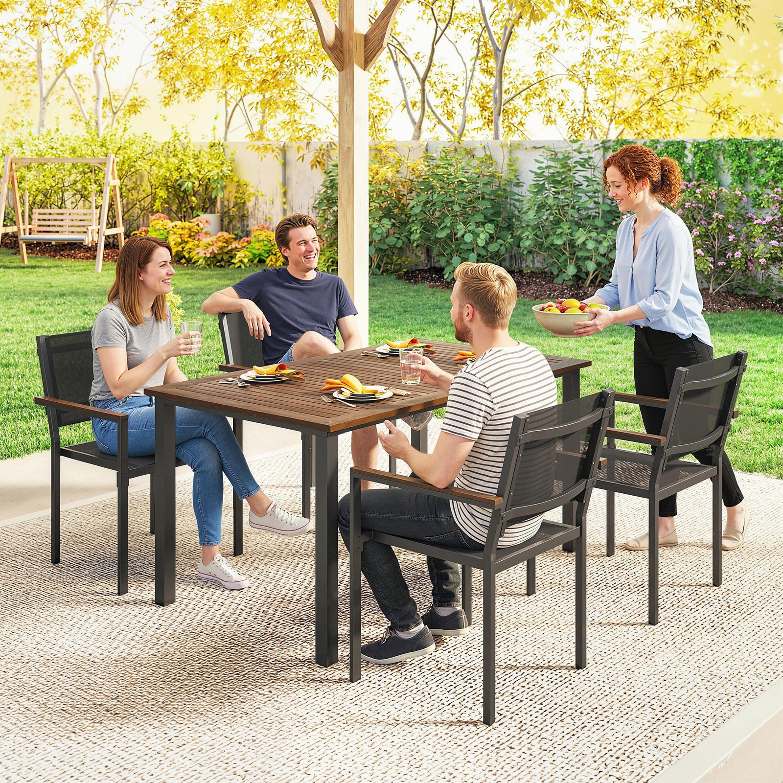 Outdoor Dining Set for 4, Acacia Wood Table and Stackable Chairs