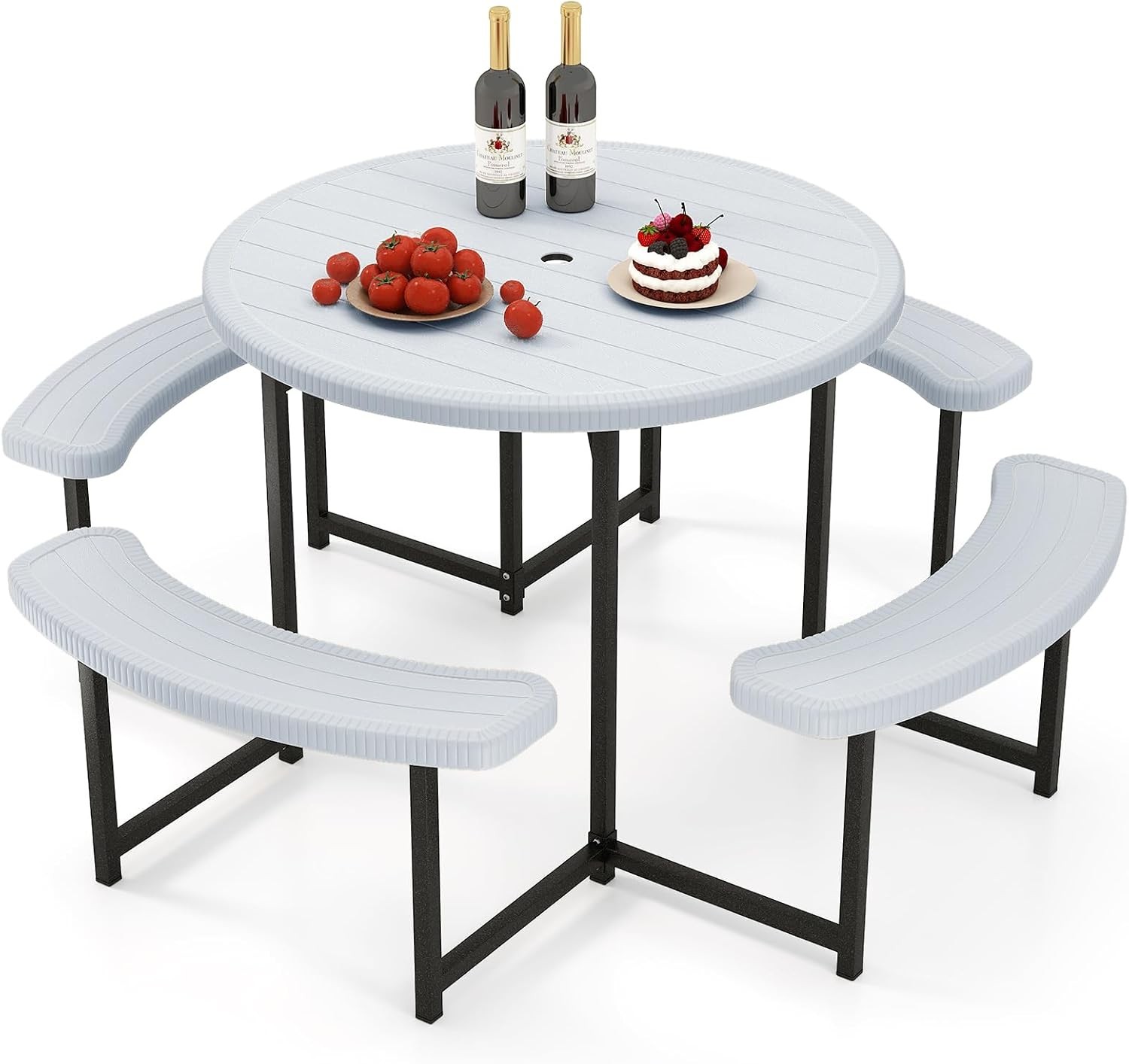 Picnic Table Bench Set for 4-8 Person, Round 37” Outdoor Dining Table w/Umbrella