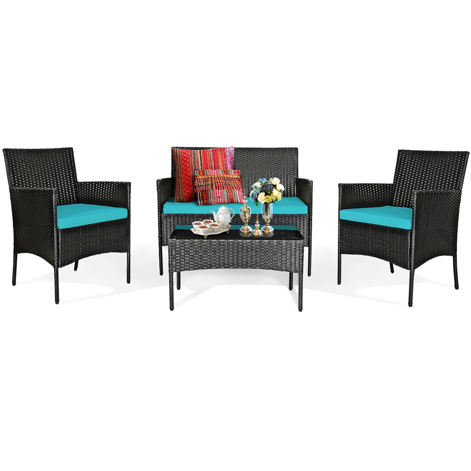 4PCS Outdoor Furniture Set Patio Rattan Conversation Set w/ Turquoise Cushion