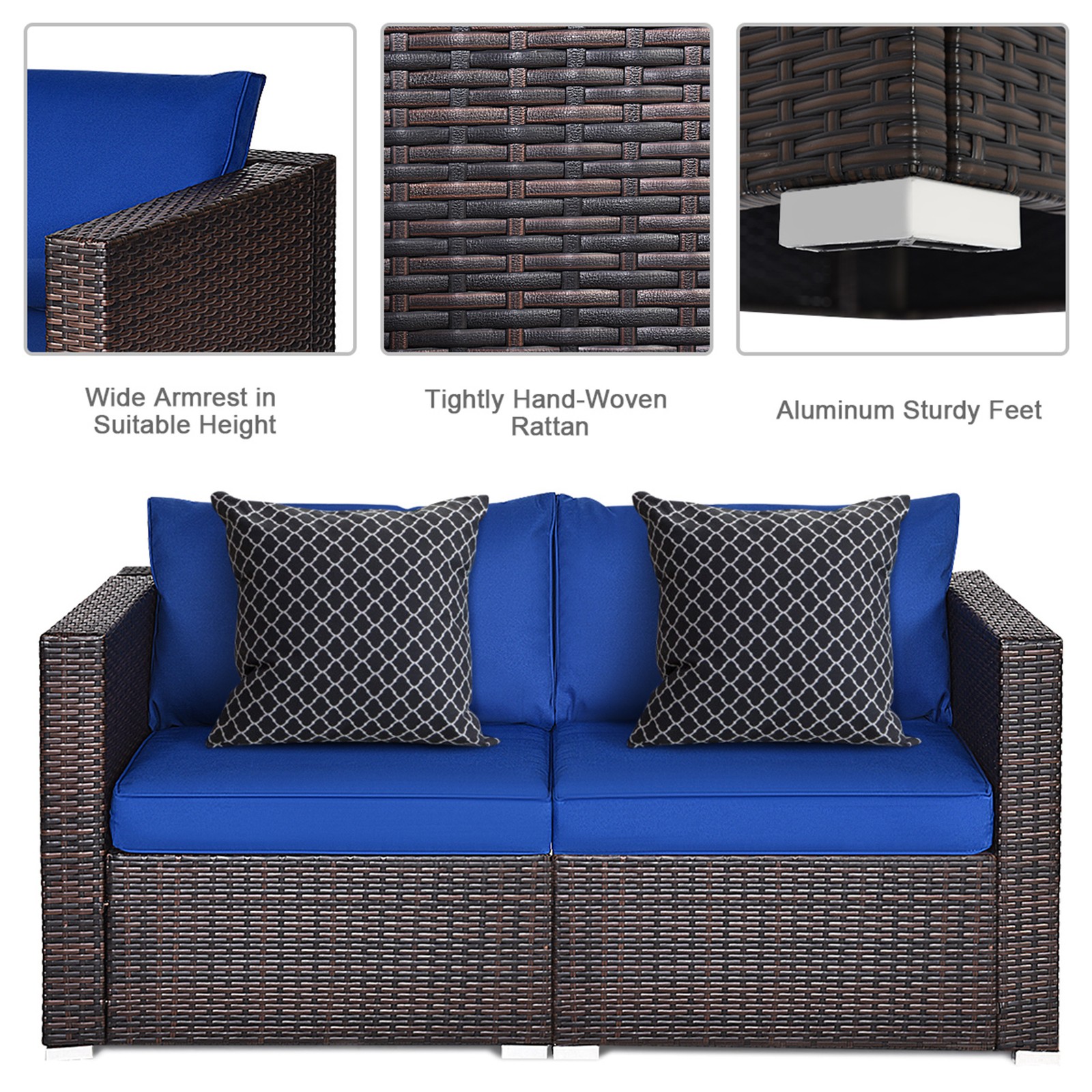 2PCS Rattan Corner Sofa Set Patio Outdoor Furniture Set w/ 4 Navy Cushions