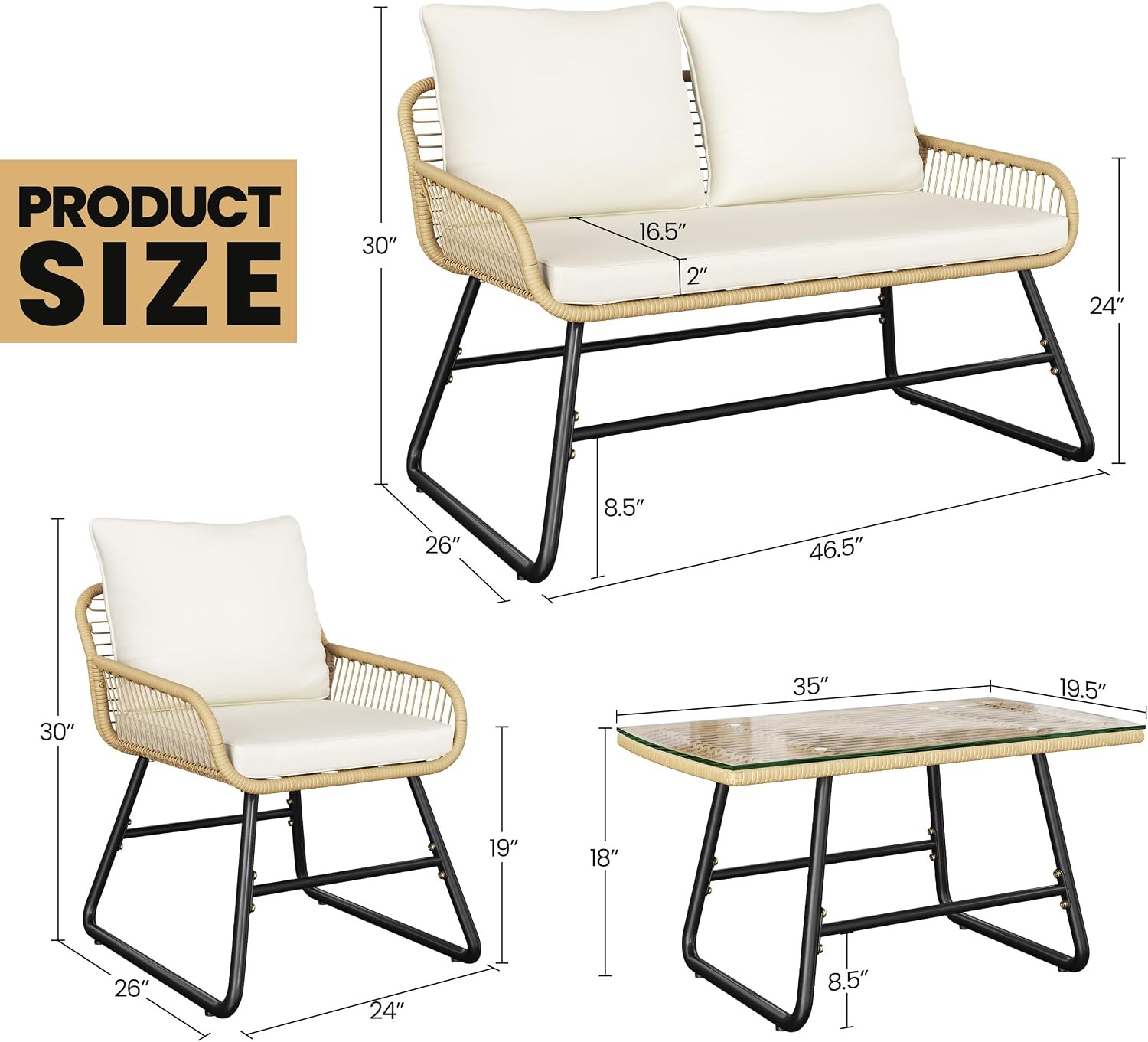 4 Piece Patio Furniture Set Wicker Conversation Sets Tan/Cream Outdoor Boho