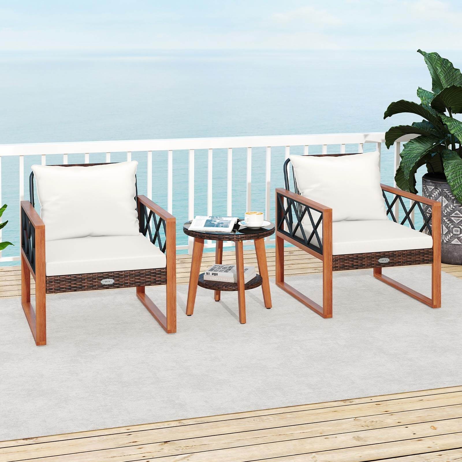 3 PCS Patio PE Wicker Furniture Set w/Solid Acacia Wood Frame & Cushions