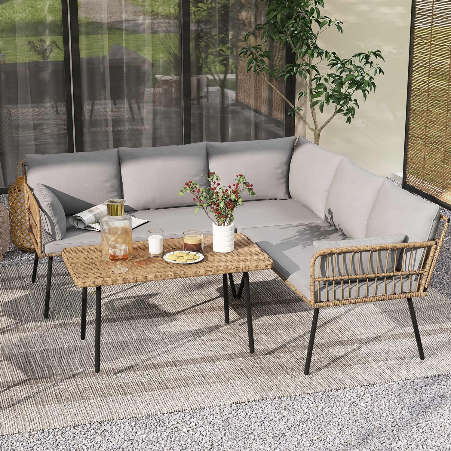 4-Piece Outdoor Sectional Sofa Set, All-Weather Wicker L-Shaped 5-Seater Patio F