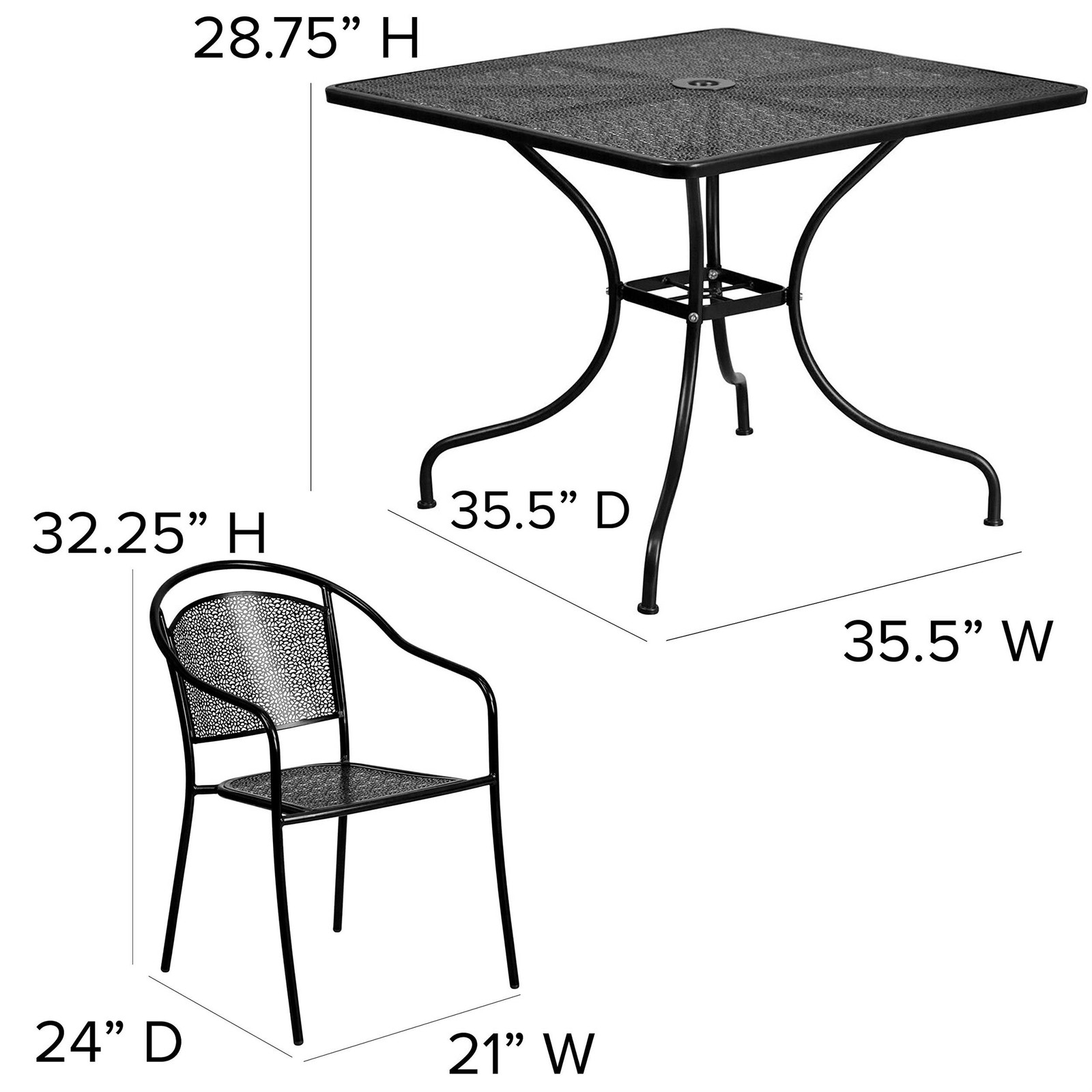 Bowery Hill 5 Piece 36″ Square Steel Flower Print Patio Dining Set in Black