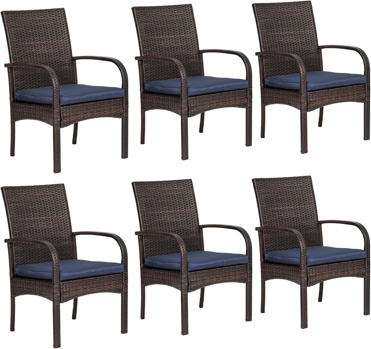 Set of 6 All-Weather Wicker Patio Dining Chairs with Cushions – Brown Rattan