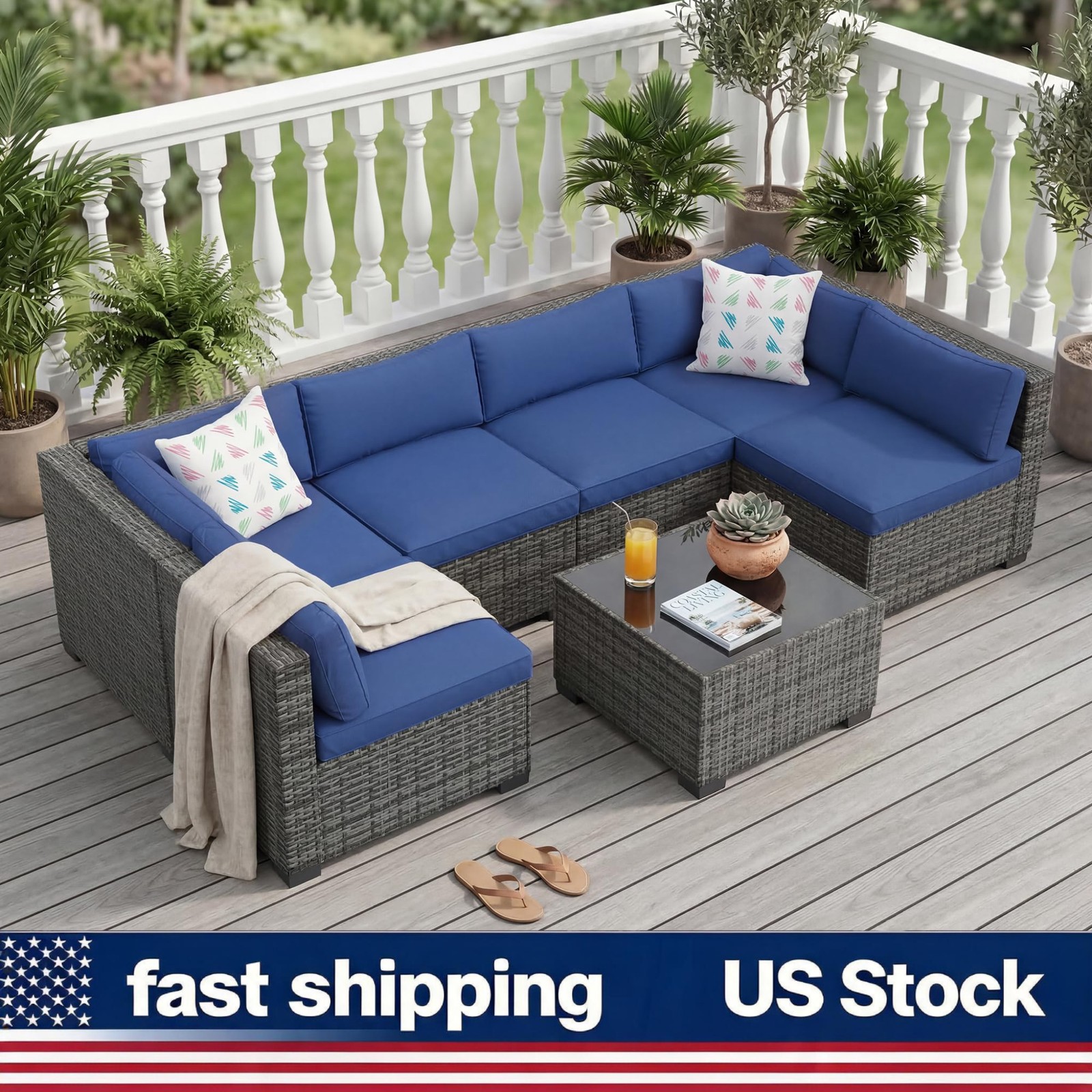 Modular Rattan Patio Set 7Pcs Sofa Coffee Table Thick Water-Resistant Cushions