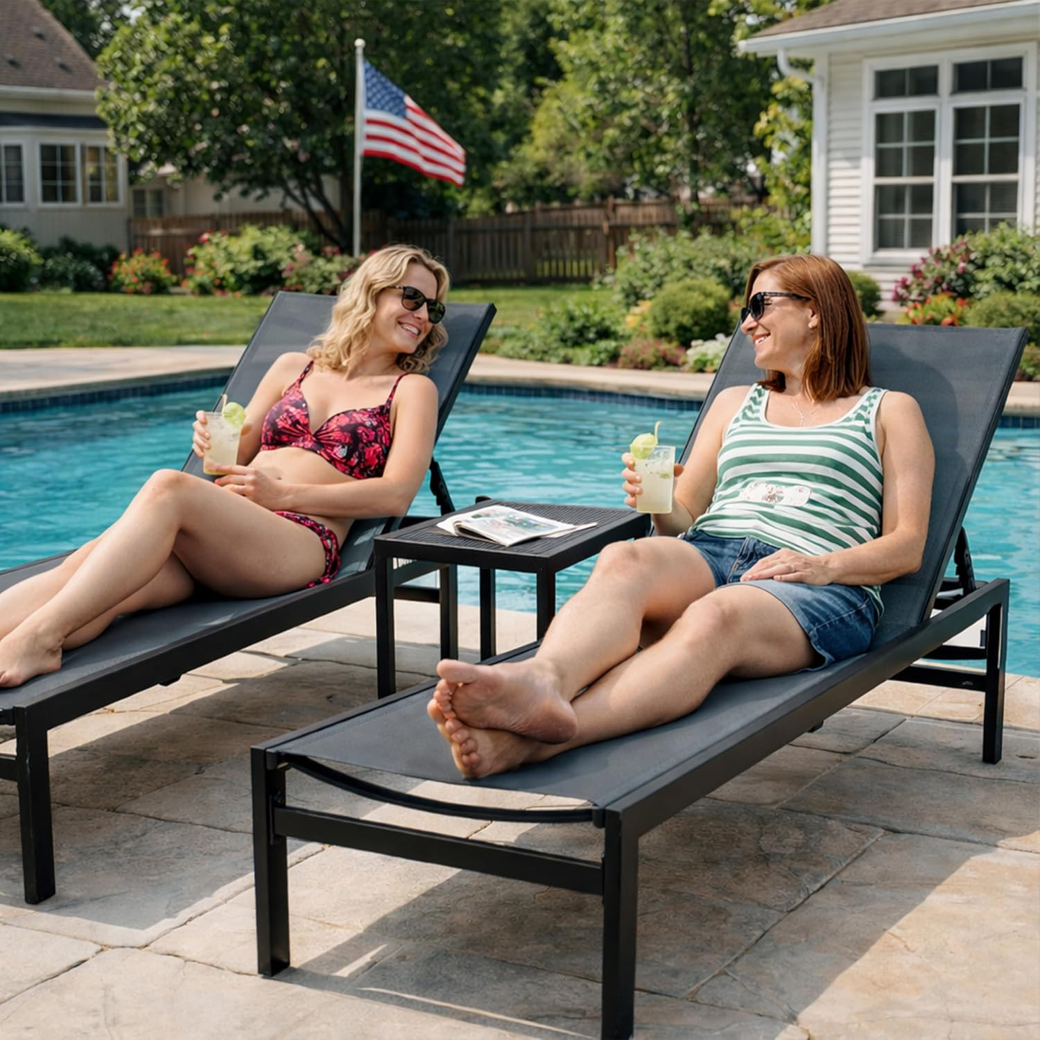 Outdoor Chaise Lounge, Aluminum Frame and Textilene Fabric, Adjustable Reclining