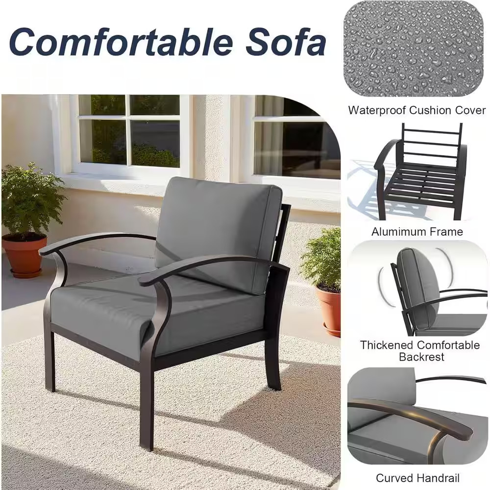 2 Aluminum Single Patio Couch with Grey Cushions