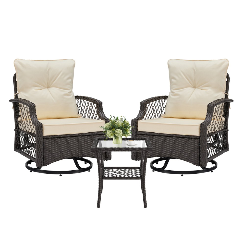 3-Piece Patio Set, Wicker Swivel Chairs with Cushions and Side Table for Yard