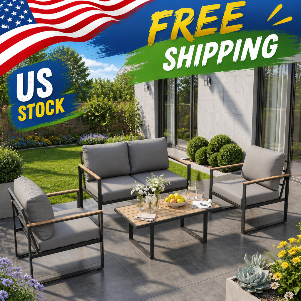 Patio Furniture Set in Grey, Conversation Sofa Set with Metal Outdoor 4-Piece