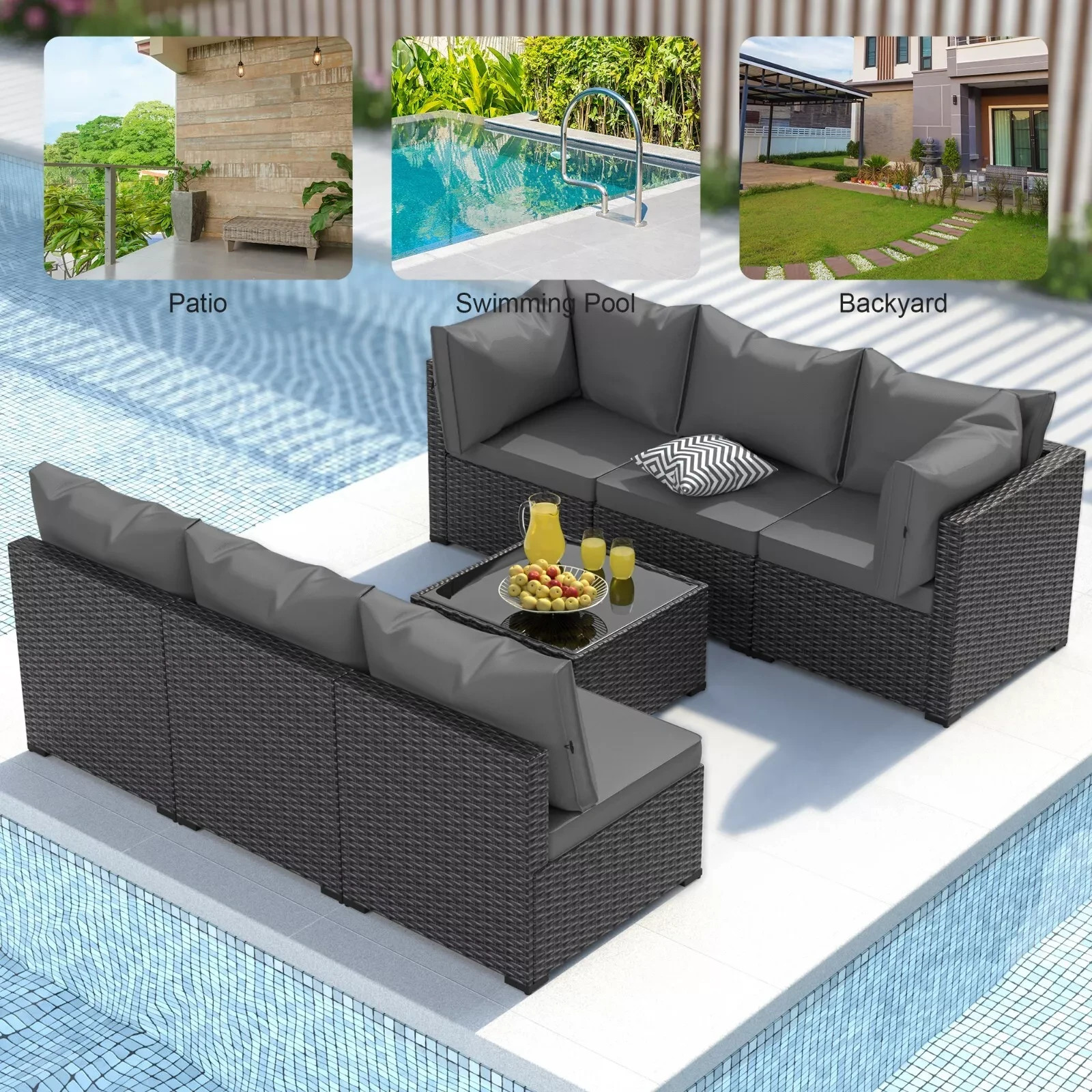 7PCS Outdoor Sectional PE Rattan Patio Conversation Set w/ Table for Balcony