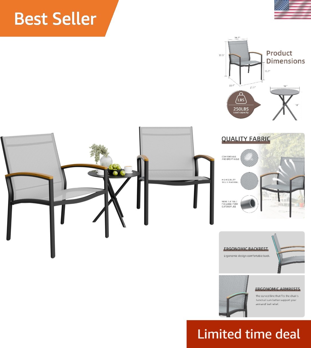 Compact Grey Bistro Set with Breathable Fabric – Perfect for Porches & Balconies