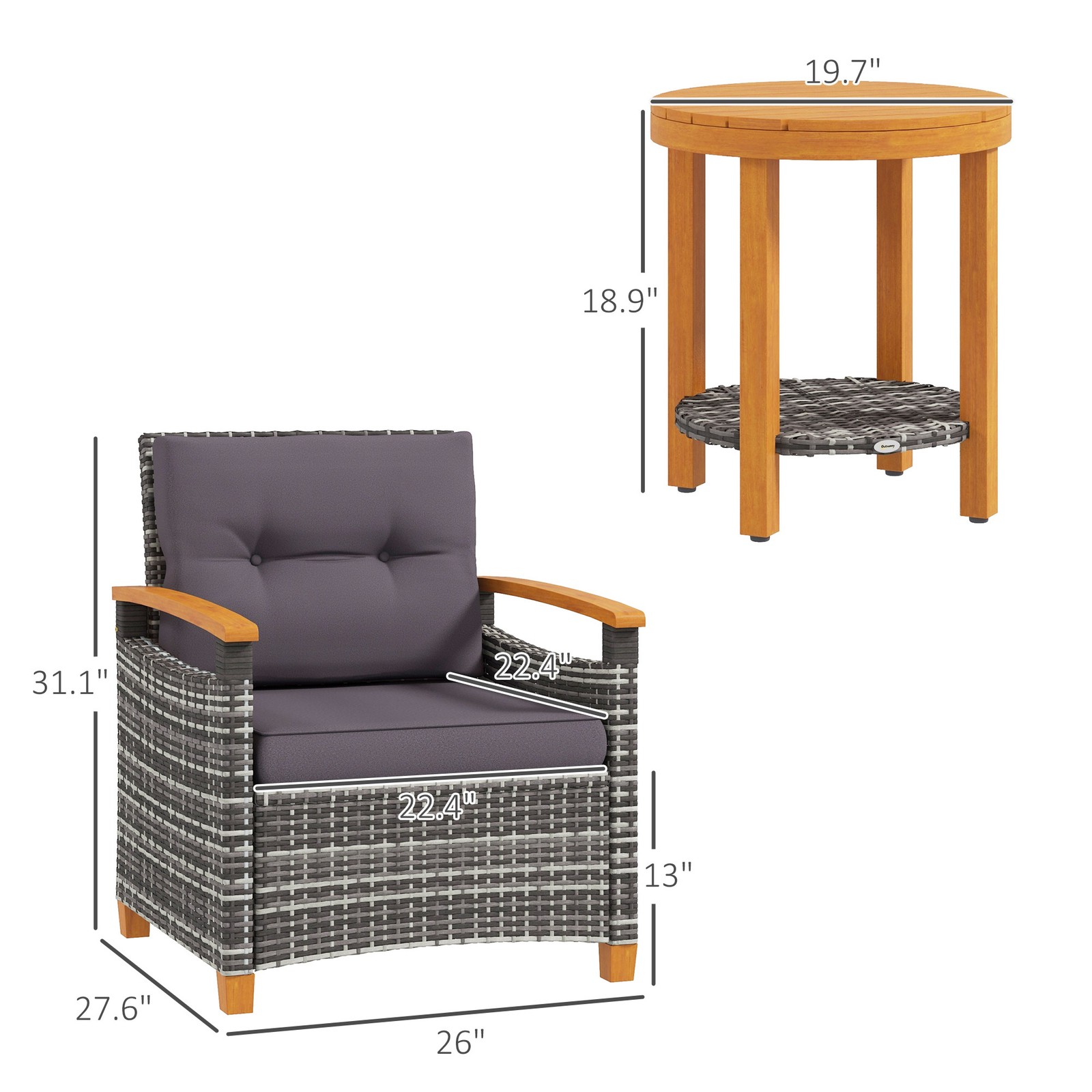 Outsunny 3 Pieces Outdoor Bistro Set, Wicker Patio, with Cushions, Gray