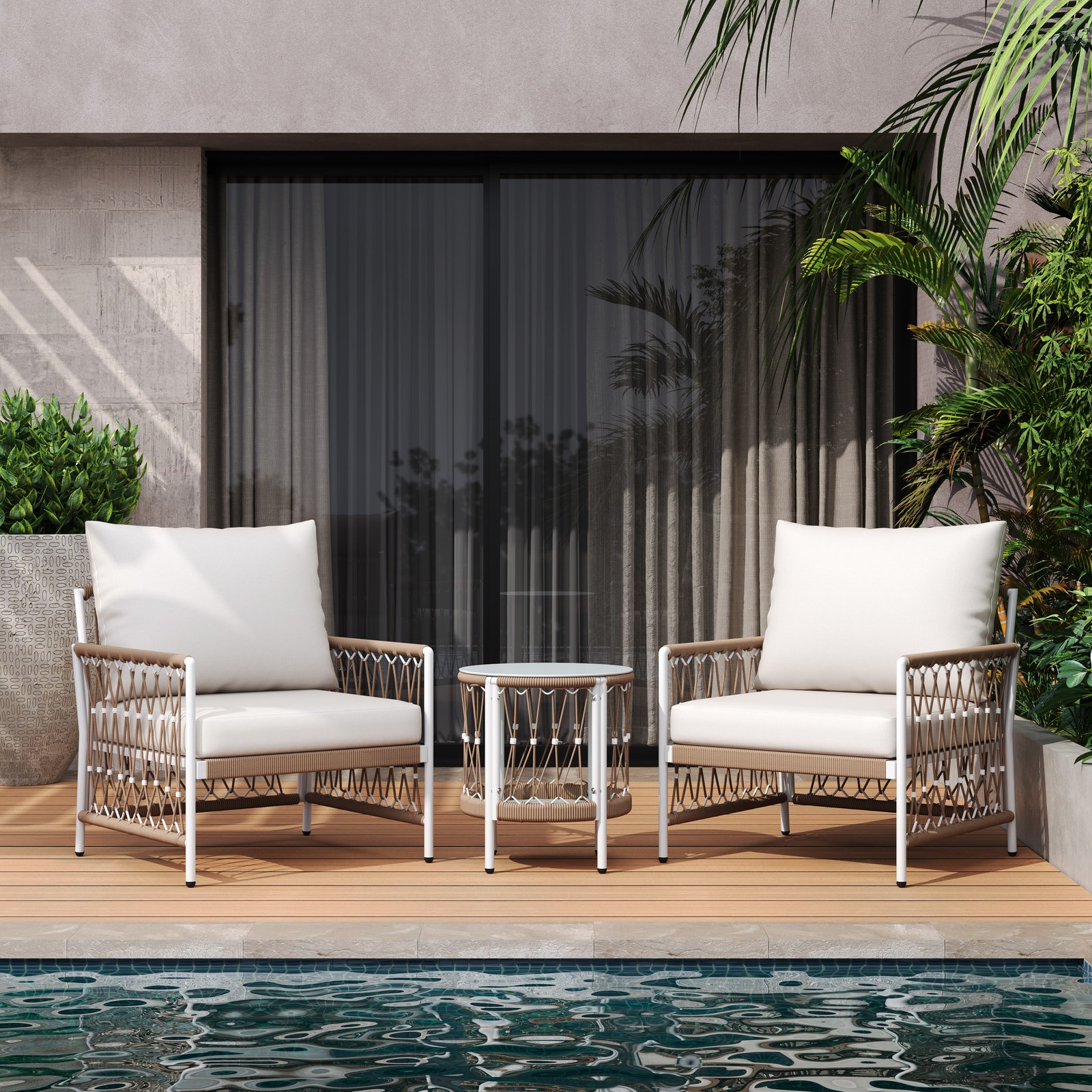 Bohemian Outdoor Furniture Set 2 Lounge Chairs + Glass Side Table 27x27x27