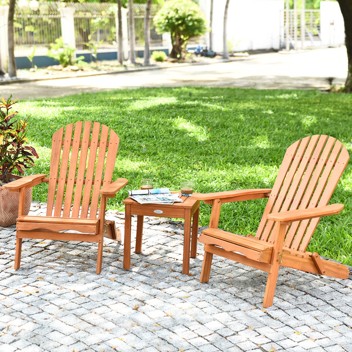 3 Pieces Patio Wooden Adirondack Chair Table Set Folding Seat Furniture Outdoor