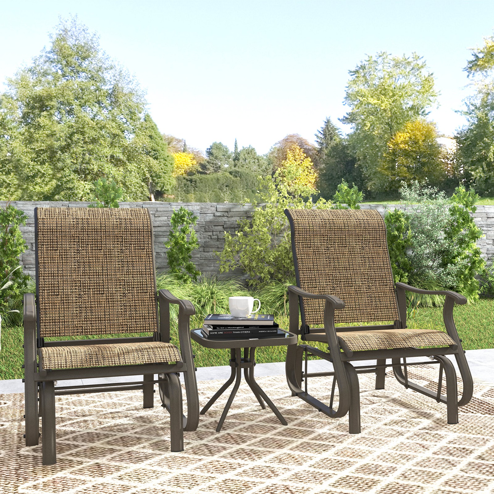 2-Person Gliding Rocking Chairs & Bistro Tea Table Garden Swing Seat Mixed Brown