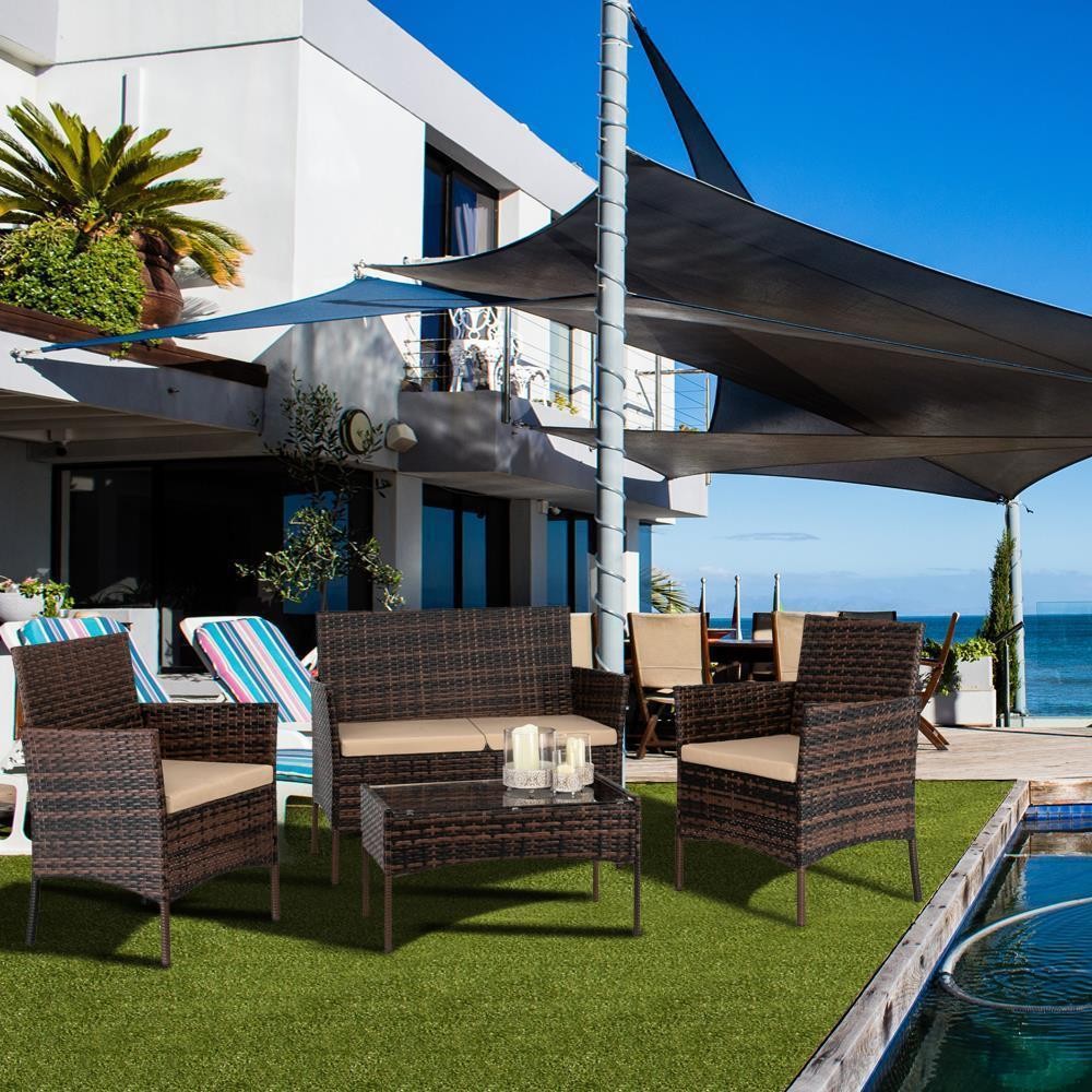 Patio Furniture Set 4 Pcs Outdoor Wicker Rattan Sofa Chair 4 Pieces w / Cushions