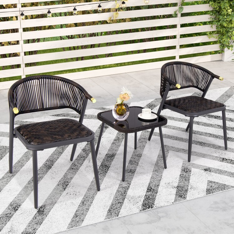 3PCS Patio Outdoor Garden Furniture PE Rattan Set With Tempered Glass Tabletop