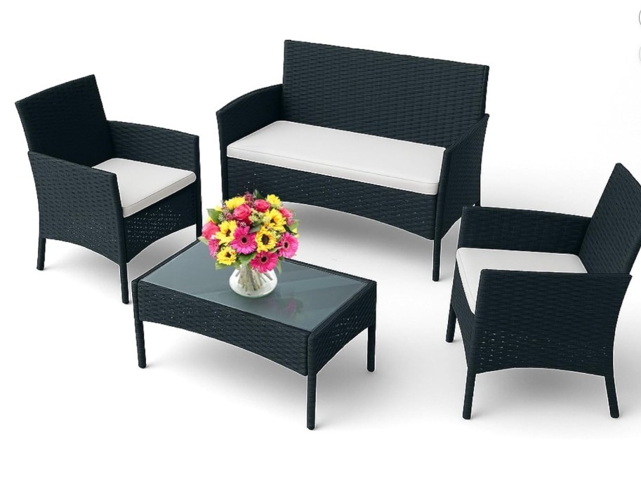 4-Piece Outdoor Patio Furniture Set – Patio Set with 2 Rattan Chairs, 1 Loveseat