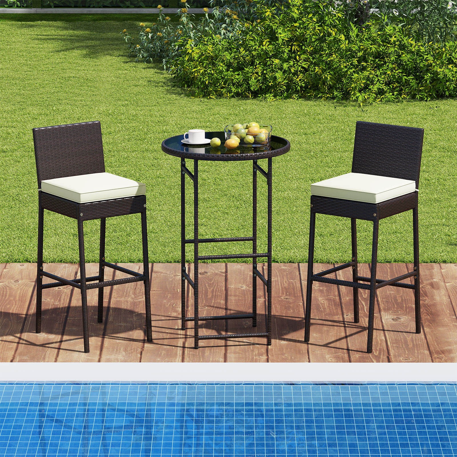 3 Piece Outdoor Bar Set Patio Rattan Bar Height Table & Chairs w/ Glass Tabletop