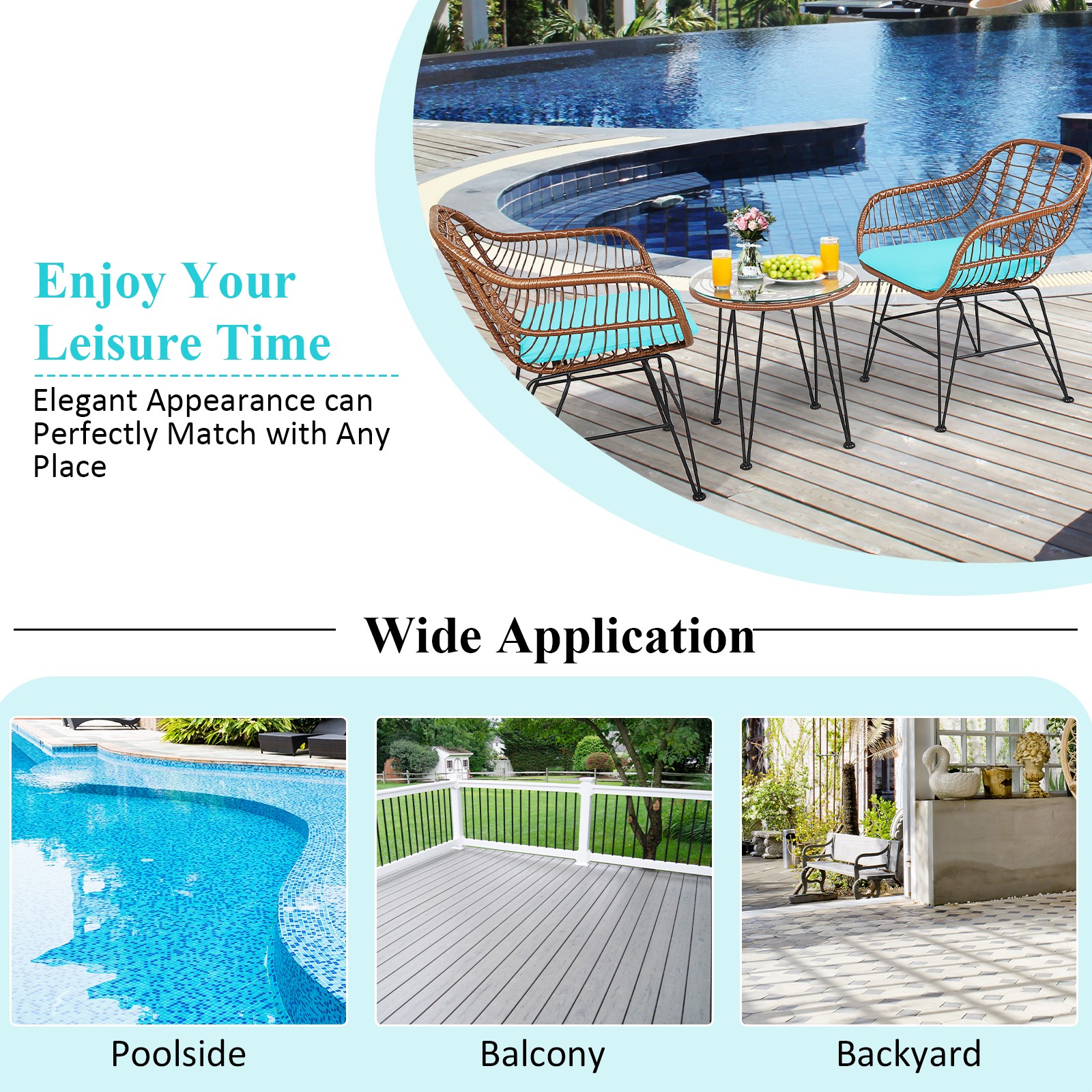 Costway 3PCS Patio Rattan Bistro Set Table Armchair Garden Turquoise Cushion