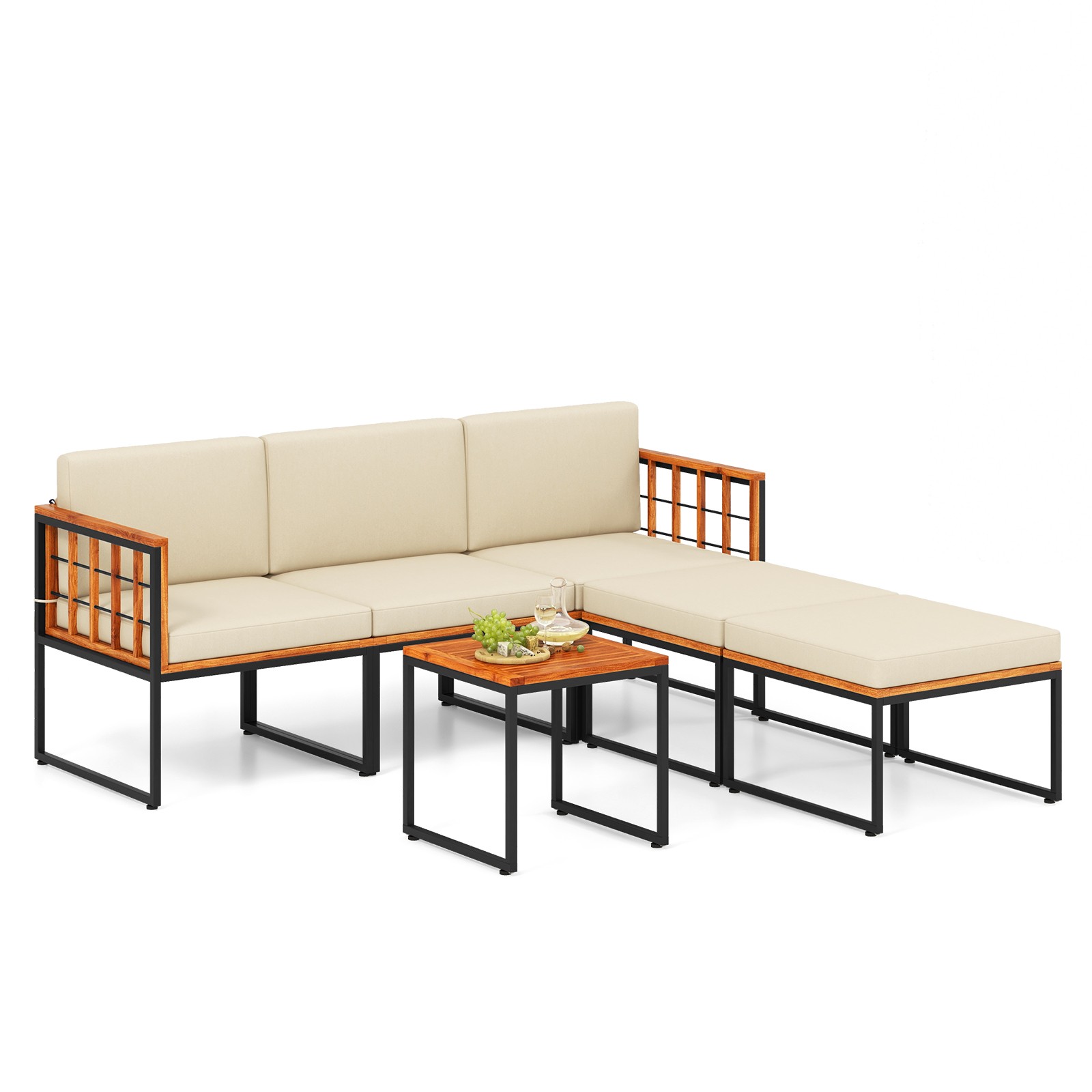 6 PCS Acacia Wood Patio Furniture Set Outdoor Sectional Conversation Sofa Set