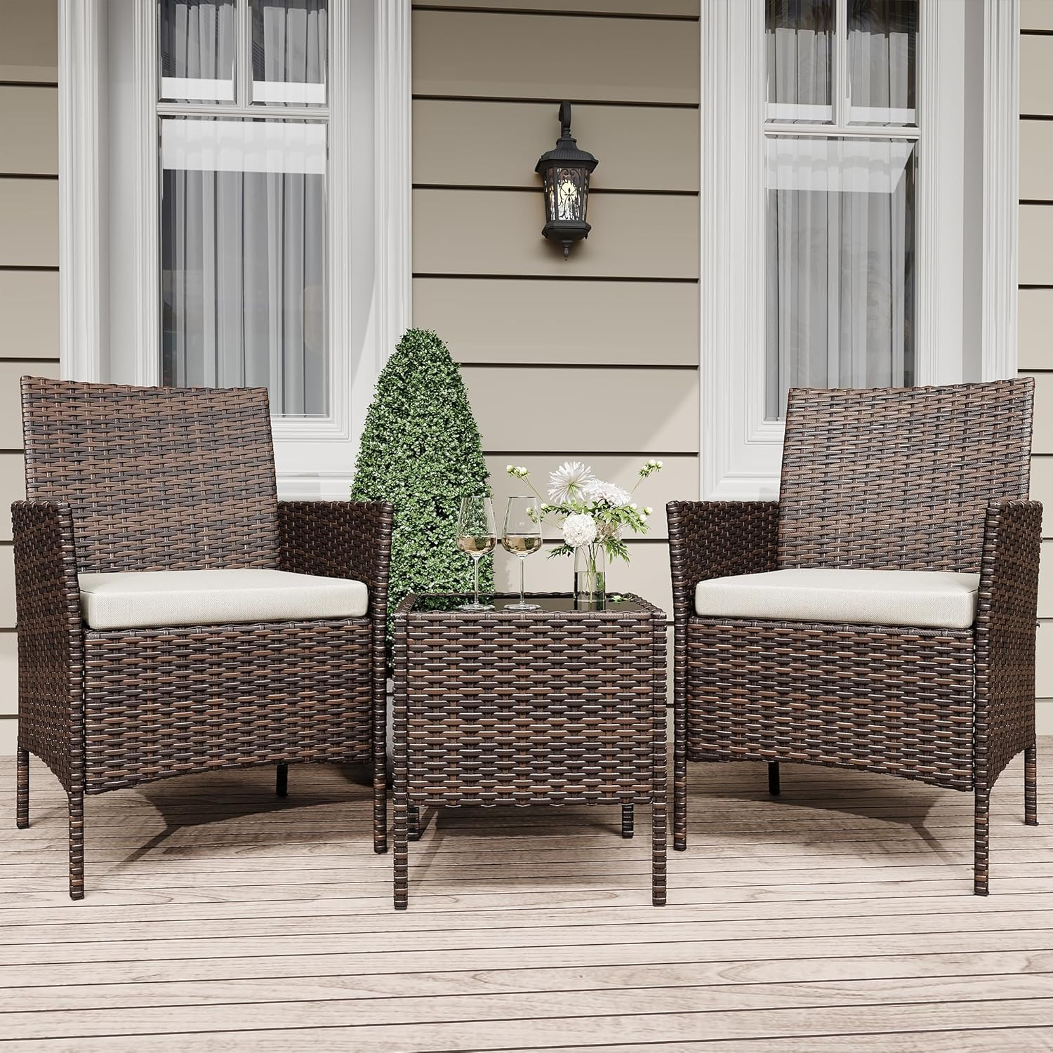 3 Pieces Patio Furniture Sets, Outdoor Wicker Conversation Sets with Soft Cushio