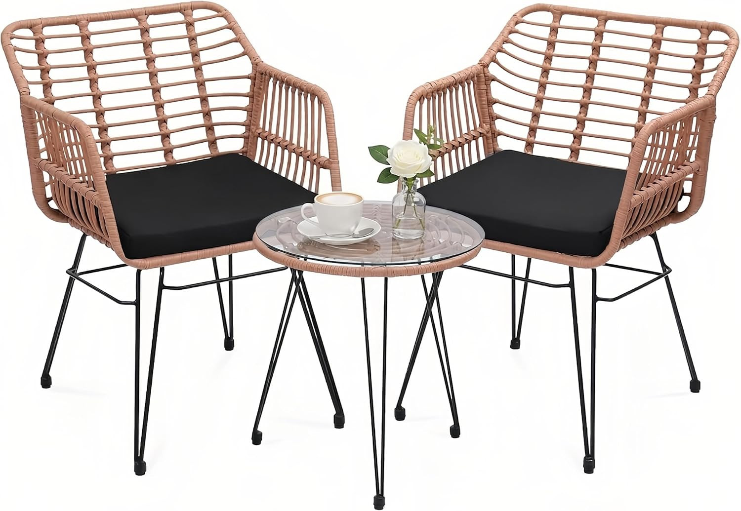 3 Piece Outdoor Wicker Bistro Set, Rattan Patio Conversation Set with Coffee Tab