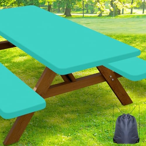 Picnic Table Cover with Bench Covers, Waterproof Elastic Fitted 30″x72″ Teal