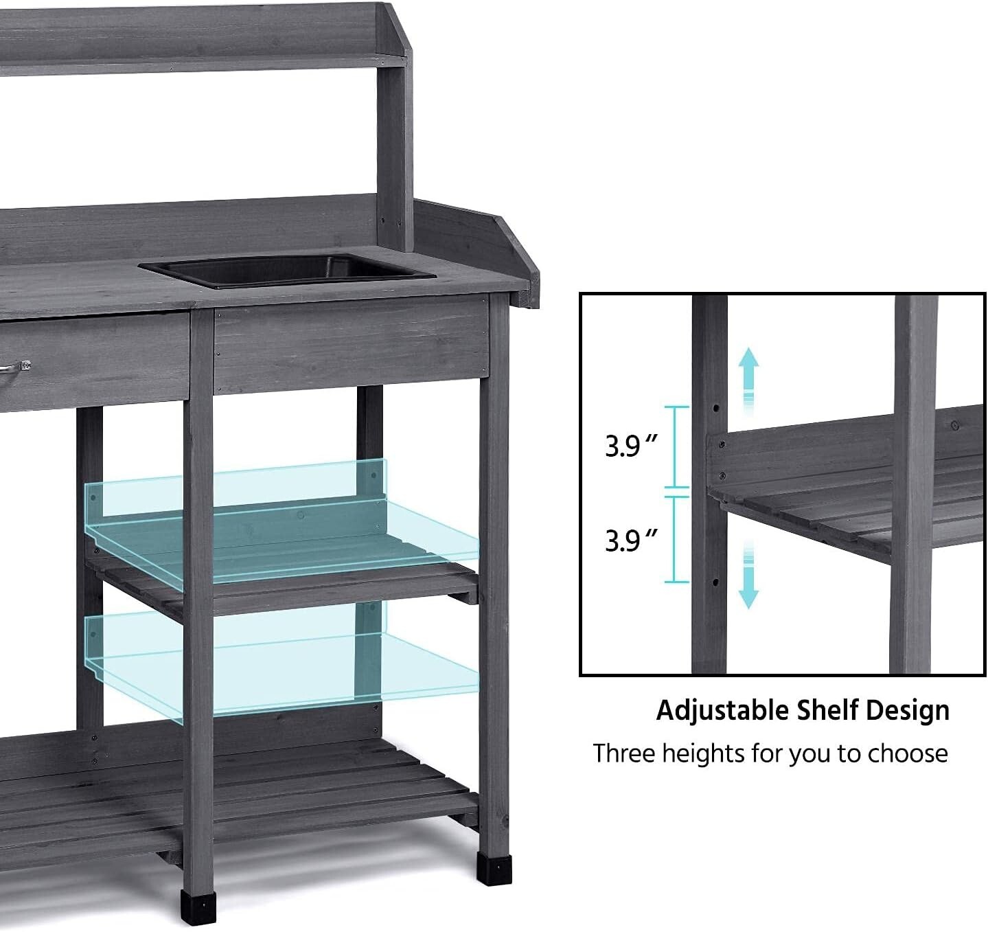 Spacious Garden Workstation – Adjustable Shelf Potting Table with Sink & Storage