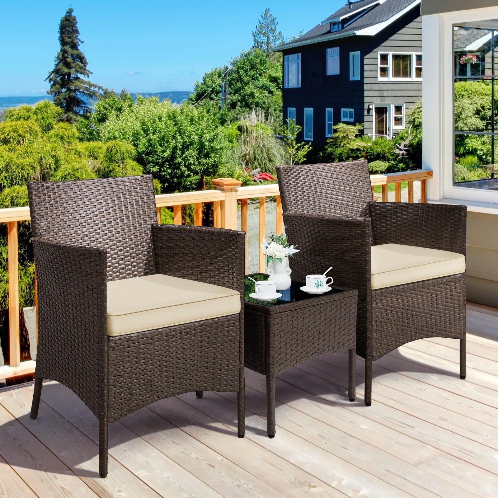3 Pcs Patio Porch Furniture Set, Outdoor PE Rattan Wicker Conversation Set,Brown