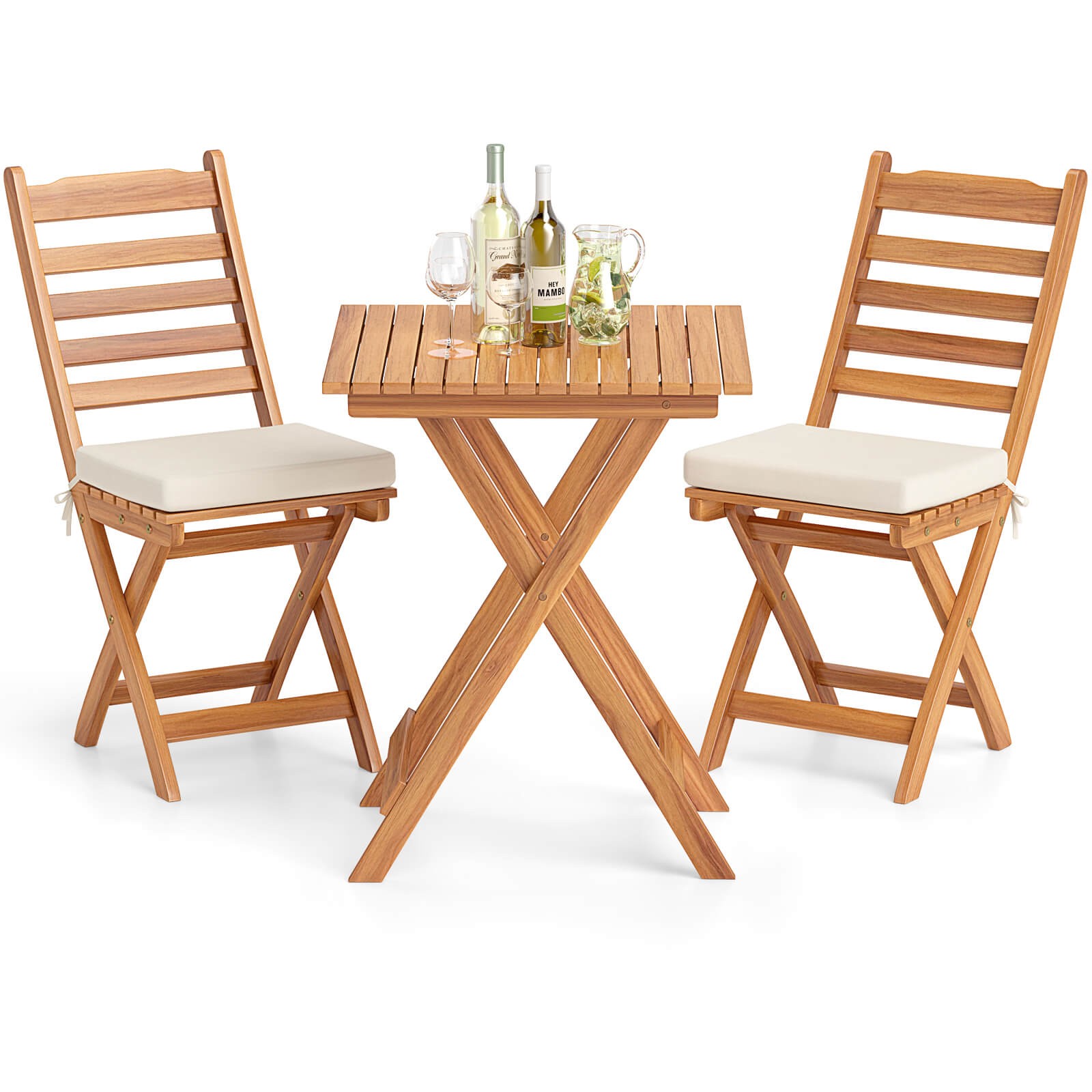 3-Piece Folding Bistro Set with Removable Seat Cushions Outdoor Table and Chairs