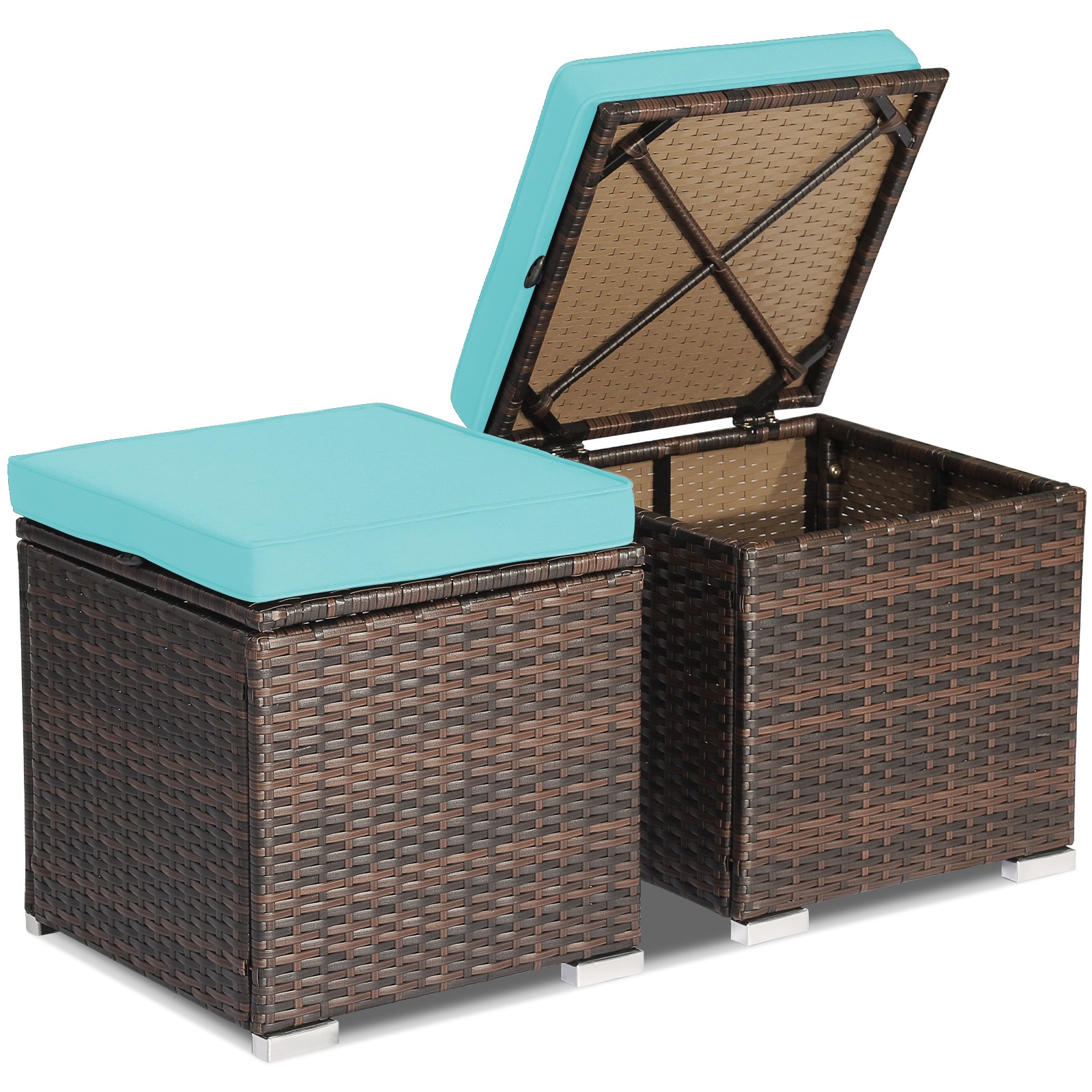 2PCS Patio Rattan Ottomans Seat Side Table Storage Box Footstool Turquoise
