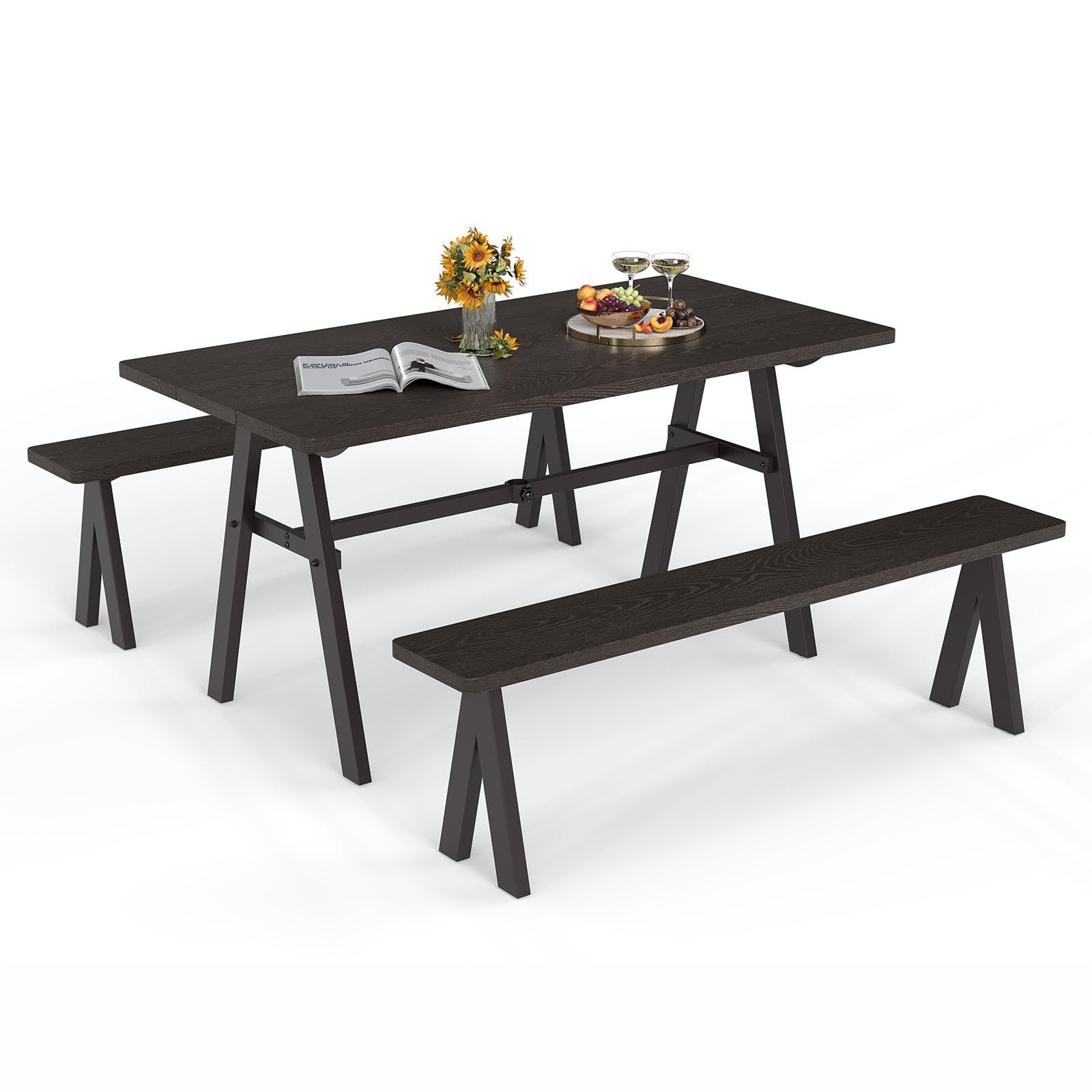 3-Pieces Outdoor Picnic Table Set for 6 People, Rustproof Patio Dining Furnit…