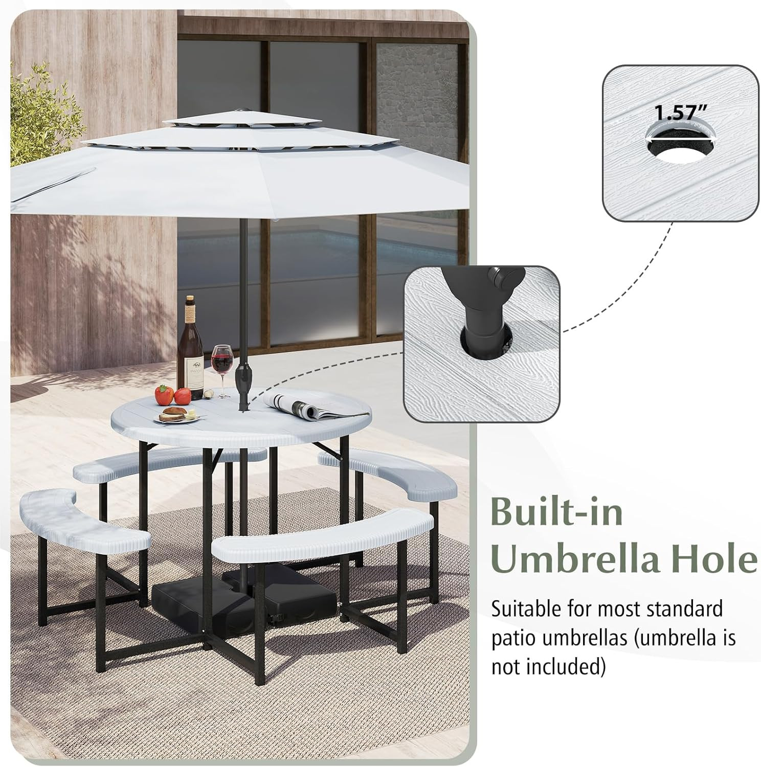 Round 37” Picnic Table Set for 4-8, Umbrella Hole, 1400Lb Capacity, White