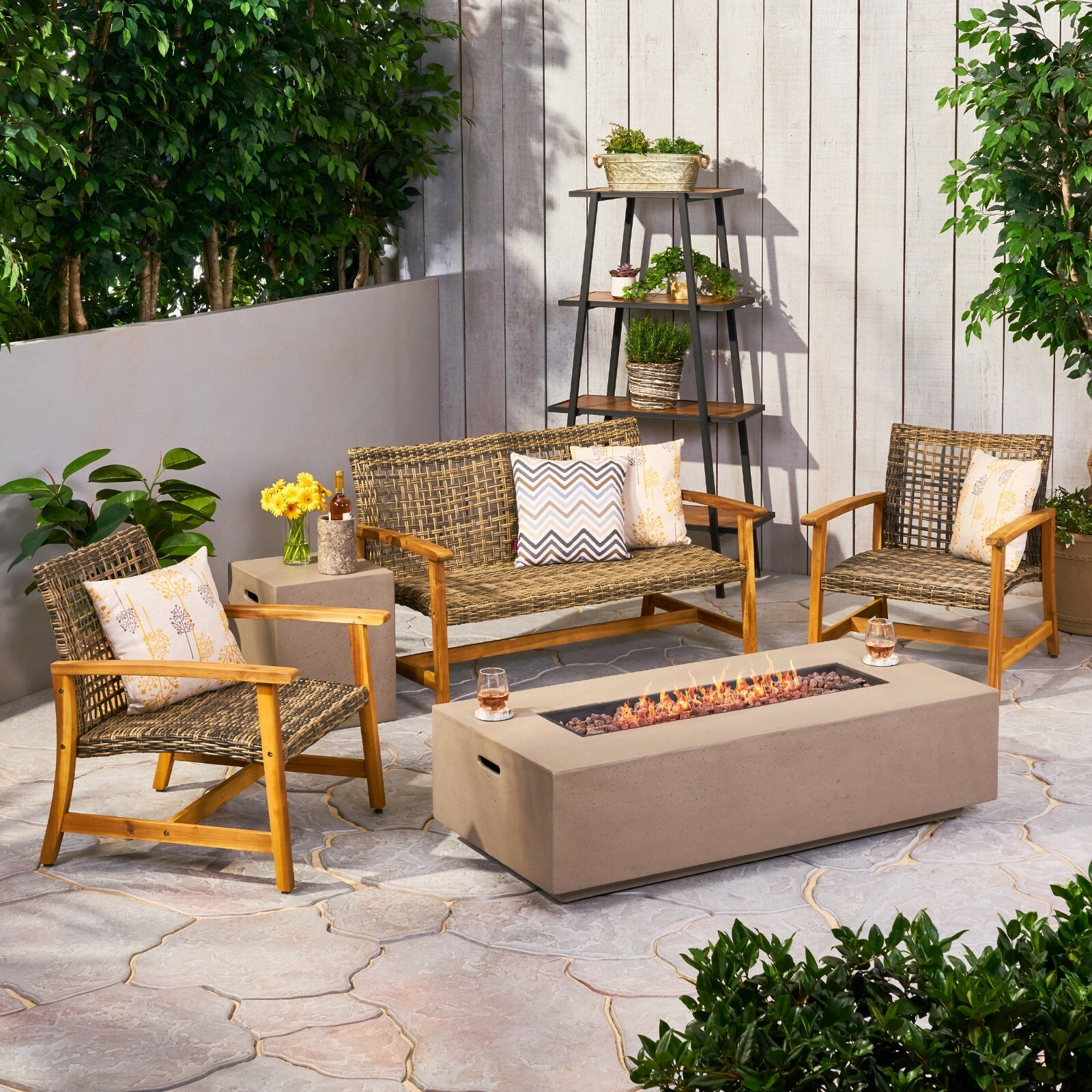 Allison Outdoor 5 Piece Wood and Wicker Chat Set with Fire Pit