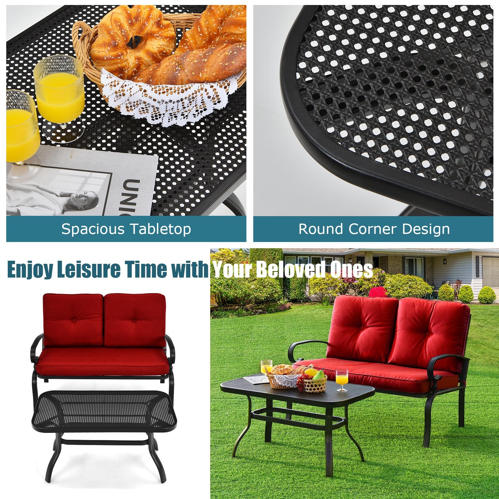 Patiojoy Outdoor 2PCS Loveseat Bench Table Furniture Set Cushioned Chair Red