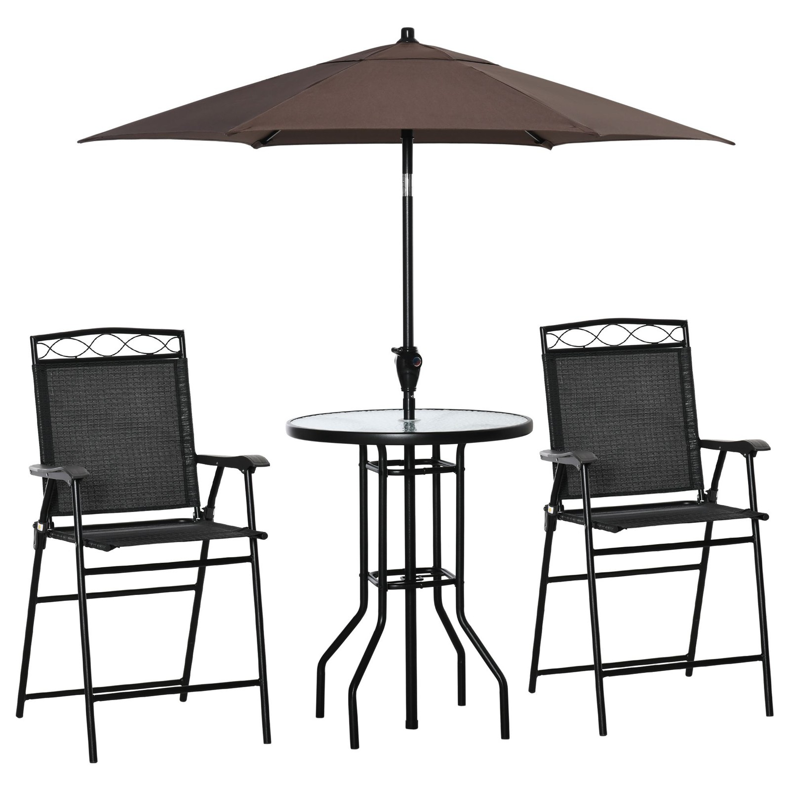 Steel Patio Bar Set: 2 Folding Chairs, 27.5″ Glass Table, Adjustable Umbrella