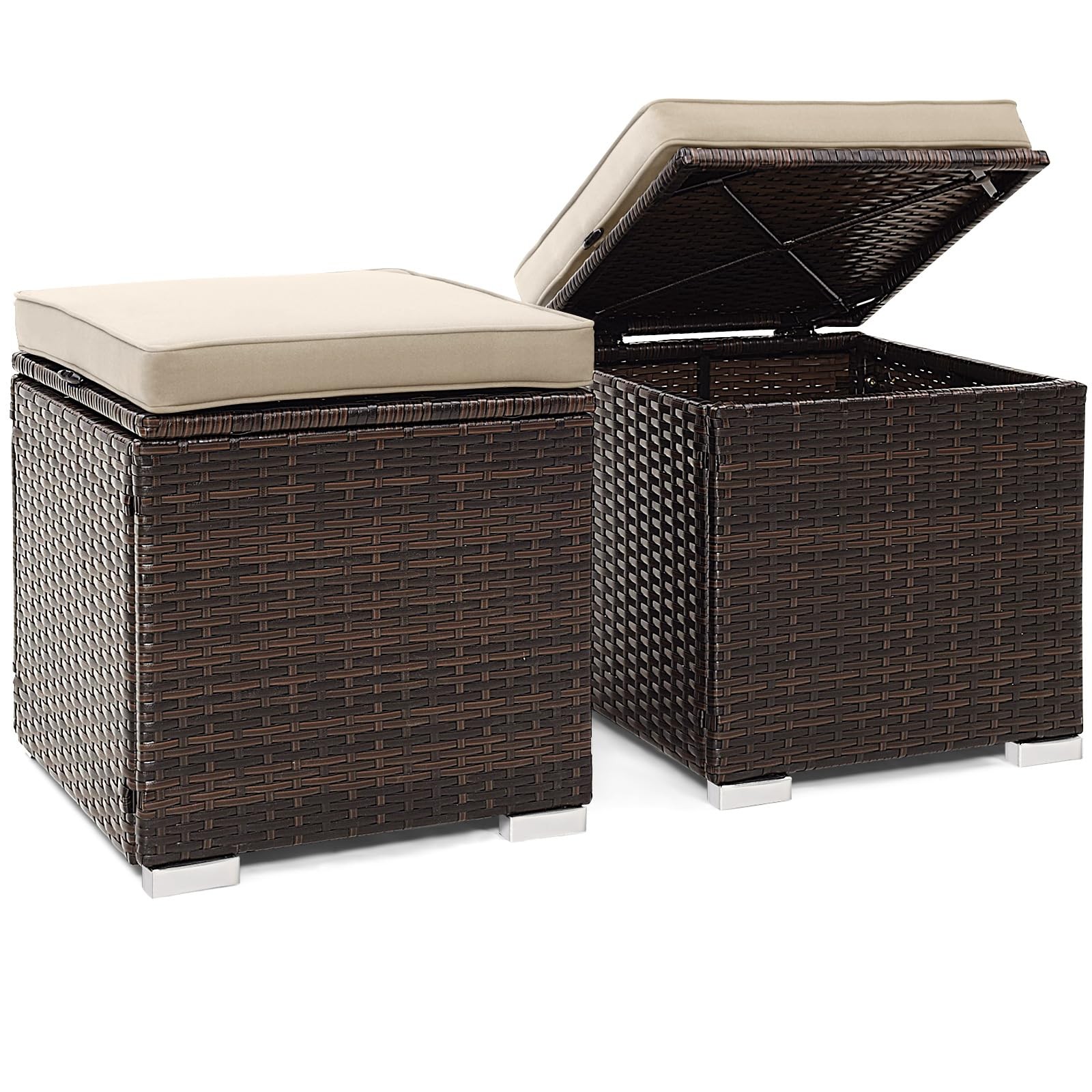Tangkula 2 Pieces Patio Ottomans, Patiojoy Hand-Woven PE Rattan Side Table with
